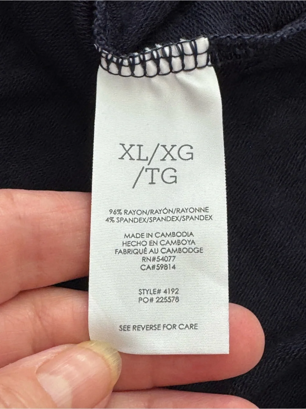 CAbi XL Recline Tee Shirt In Dark Sapphire. Back Tie. #4192. Rayon/Spandex